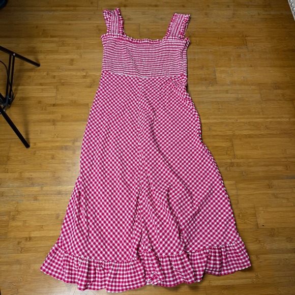 Ganni Women's Stretch Seersucker Maxi Smock Dress Red Gingham Checkered Size XL - Picture 4 of 10